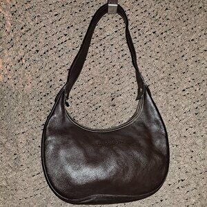LONGCHAMP-Dark Brown Pebbled Leather Hobo/Baguette-Vintage-Logo Studs-Near Mint